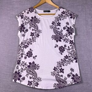 ECLA Paisley Floral Cap Sleeve Round Neck T-Shirt Women Medium White Purple